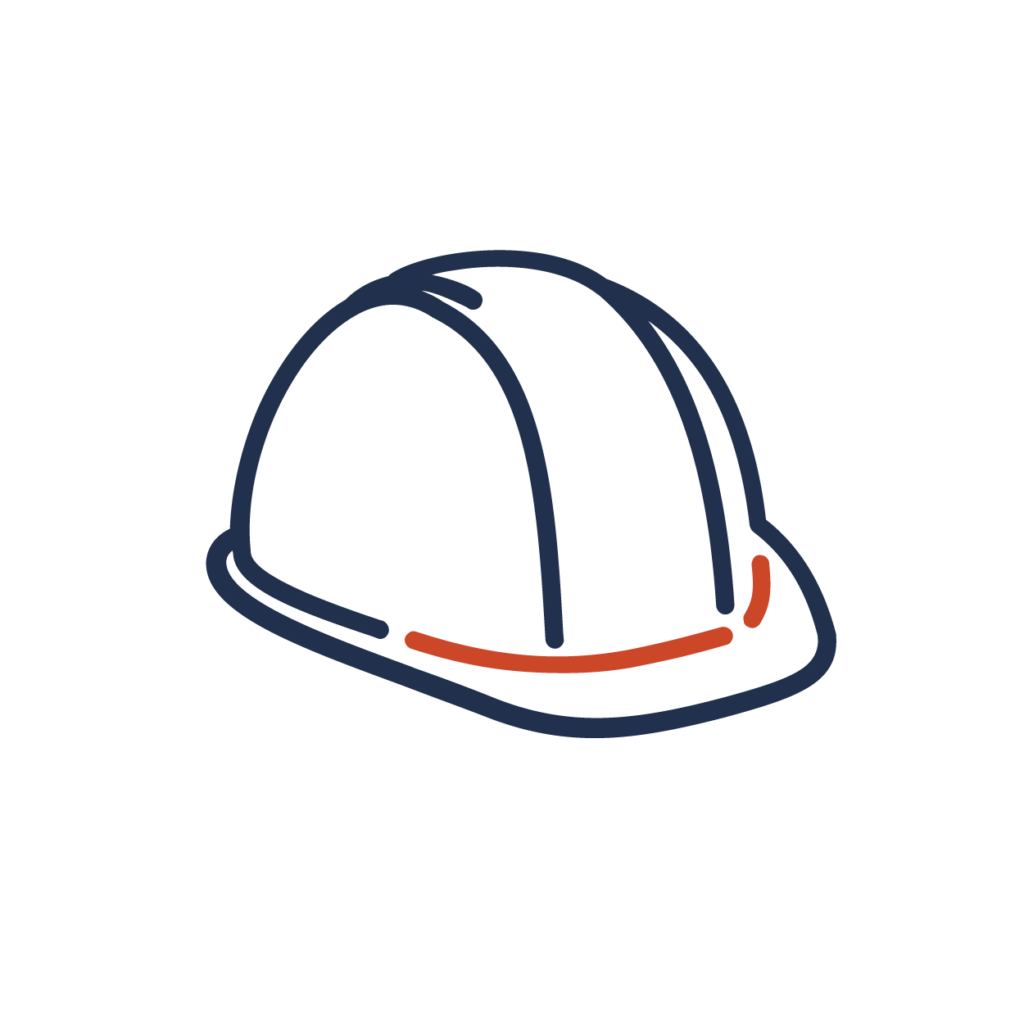 Outline of a construction hardhat in Colorado School of Mines Blaster Blue with Colorado School of Mines Colorado Red as the accent color