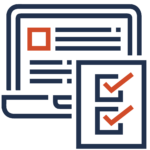 outline of a laptop with a document showing on the laptop with a zoomed in checkbox layered on top of the bottom corner of the laptop