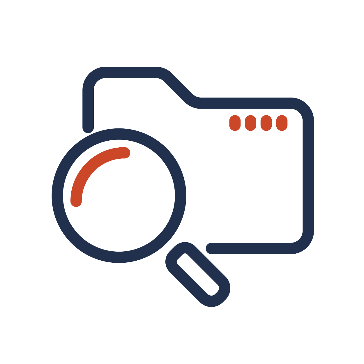 outline of a file folder with a magnifying glass outline over the bottom corner of the file